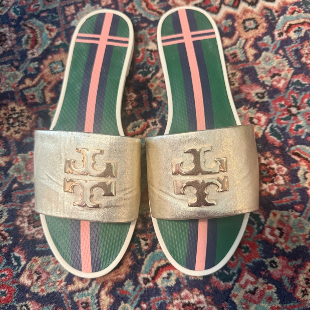 Tory Burch Gold and Green Sandals